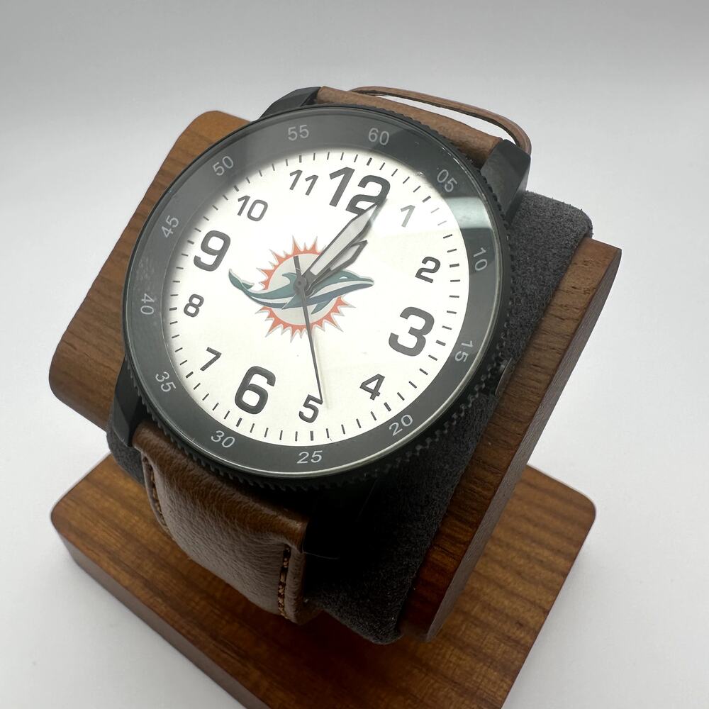 Sparo Miami Dolphins Logo Watch Black Case White Dial Brown Leather Strap